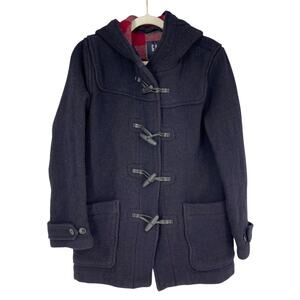 Gap Duffle Coat Womens Small Navy Thick Wool Blend Red Plaid Lining Toggles